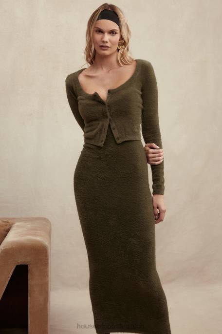 House of CB Kleidung Z26T116 Fayette Khakifarbenes weiches flauschiges Strick-Maxikleid