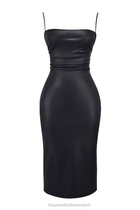House of CB Kleidung Z26T127 Jalena schwarzes Kleid aus veganem Leder mit Spitzenrücken