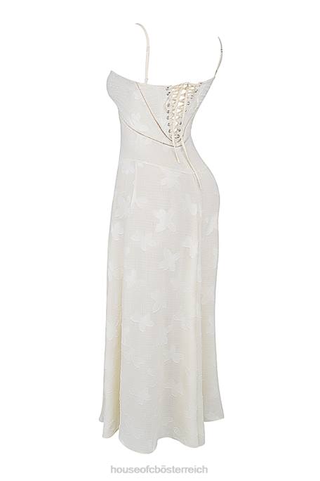 House of CB Kleidung Z26T176 Seren Vintage cremefarbenes Maxikleid mit floralem Spitzenrücken