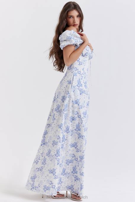 House of CB Kleidung Z26T256 Blau bedrucktes Sommerkleid mit Puffärmeln von Felizia