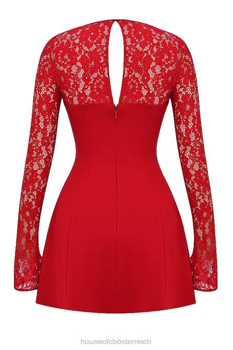 House of CB Kleidung Z26T308 Jennica Minikleid aus rotem Rosensatin und Spitze