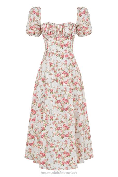 House of CB Kleidung Z26T427 Tallulah-Midi-Sommerkleid mit Rosendruck und Puffärmeln