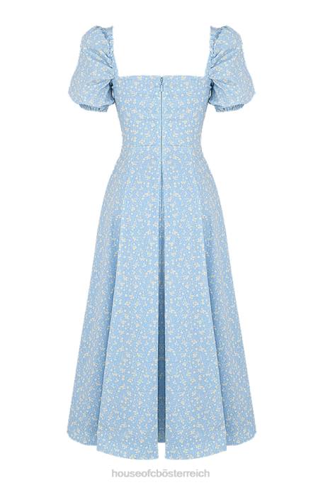 House of CB Kleidung Z26T550 Tallulah blaues elfenbeinfarbenes geblümtes Midikleid mit Puffärmeln