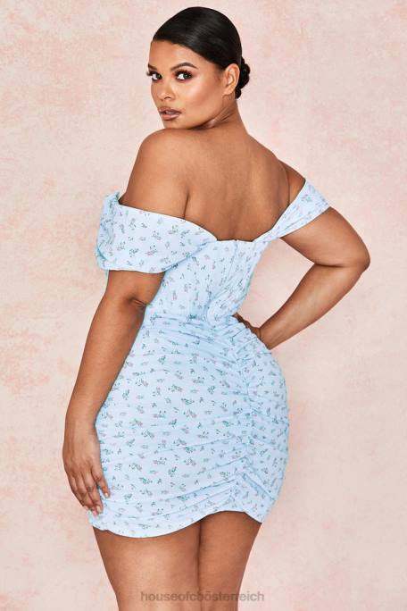House of CB Kleidung Z26T609 Lunablaues drapiertes Korsett-Minikleid mit Blumenmuster