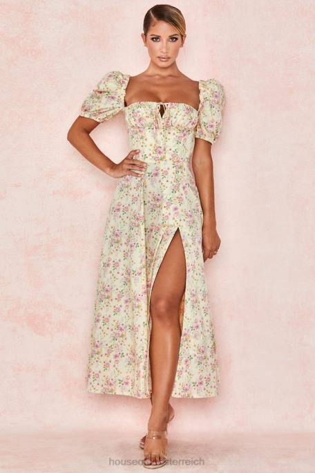 House of CB Kleidung Z26T617 Tallulah Zitronenblümchen-Midi-Sommerkleid mit Puffärmeln
