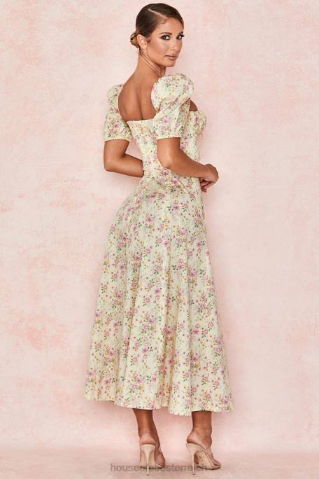 House of CB Kleidung Z26T617 Tallulah Zitronenblümchen-Midi-Sommerkleid mit Puffärmeln
