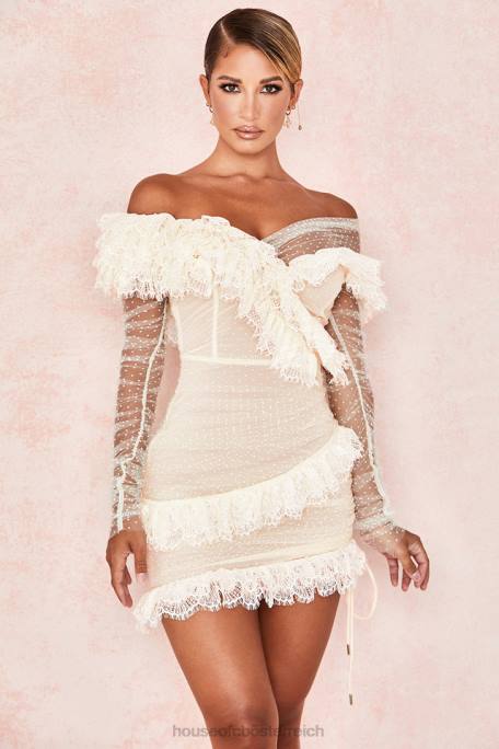 House of CB Kleidung Z26T620 Minikleid aus elfenbeinfarbener Spitze mit Rüschen