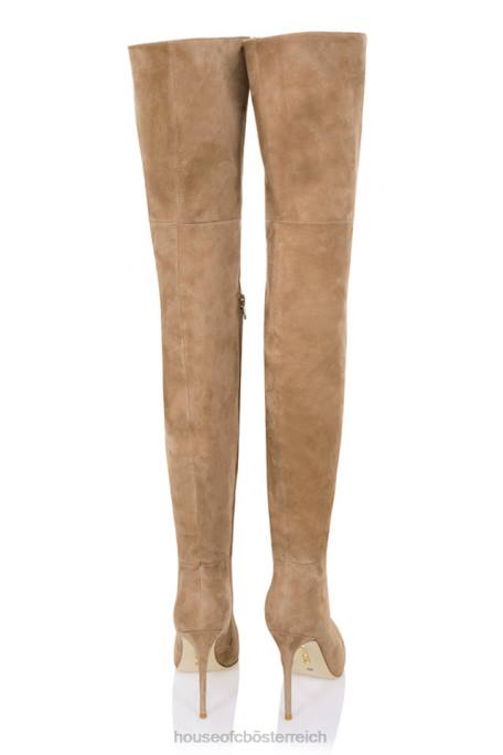 House of CB Schuhe Z26T1122 Außergewöhnliche hellbraune Overknee-Stiefel aus echtem Wildleder