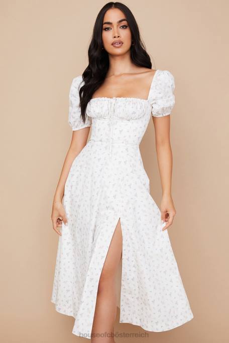 House of CB Kleidung Z26T571 Weißes, geblümtes Midikleid von Tallulah mit Puffärmeln