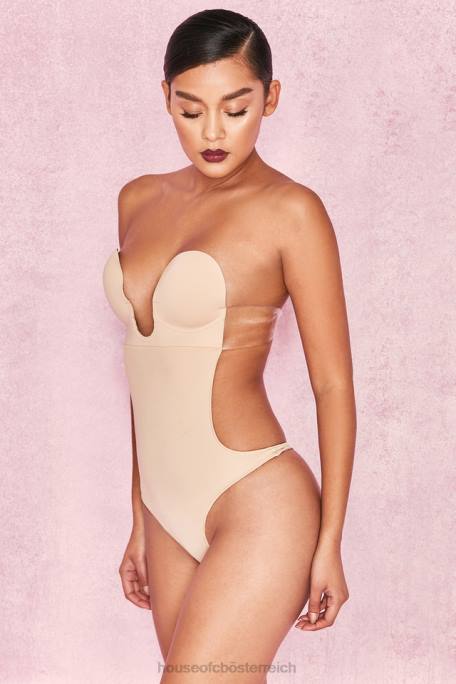 House of CB Kleidung Z26T822 Beigefarbener, selbstklebender, rückenfreier Body mit tiefem Ausschnitt